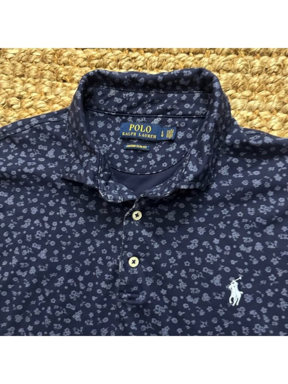 Polo Ralph Lauren Mens Custom Slim Fit Floral Short Sleeve Polo Shirt Blue (Larg
